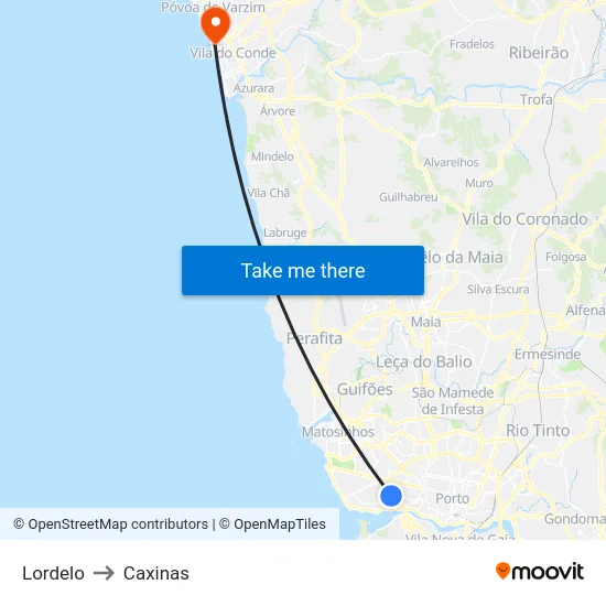 Lordelo to Caxinas map