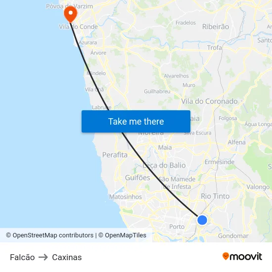 Falcão to Caxinas map