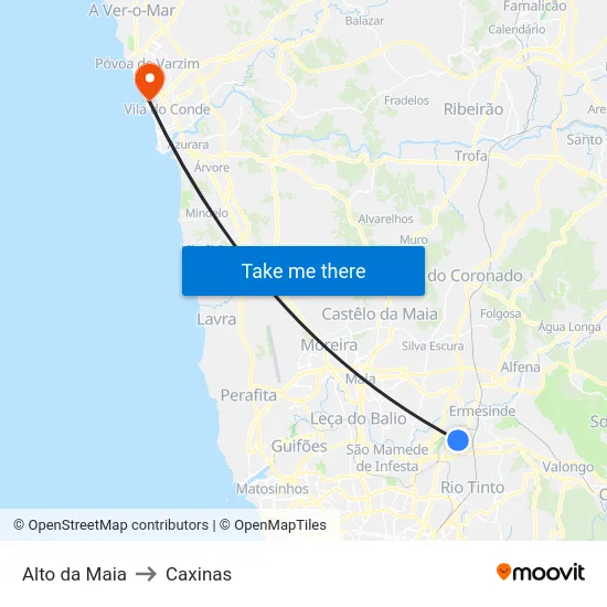 Alto da Maia to Caxinas map
