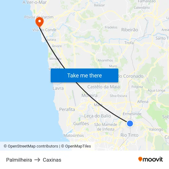 Palmilheira to Caxinas map