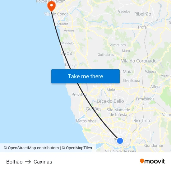 Bolhão to Caxinas map