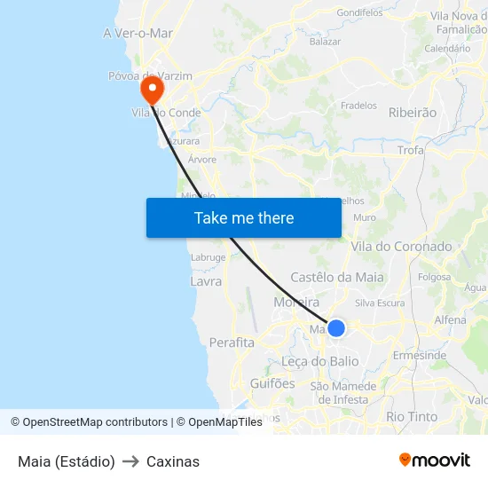 Maia (Estádio) to Caxinas map