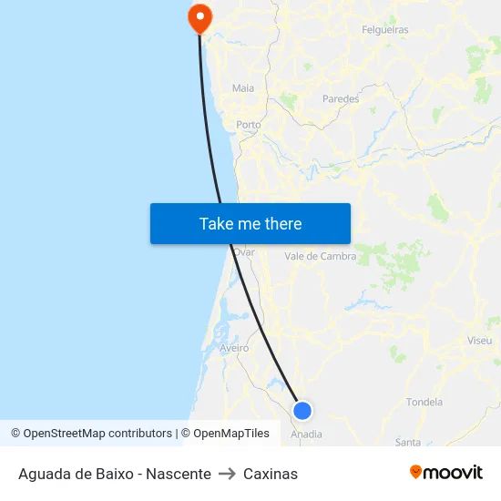 Aguada de Baixo - Nascente to Caxinas map