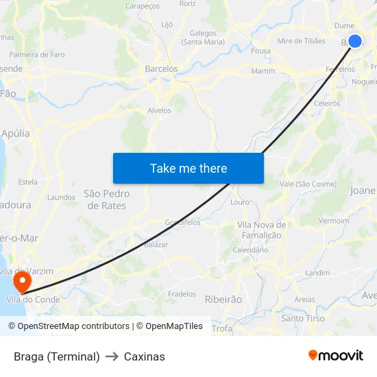 Braga (Terminal) to Caxinas map