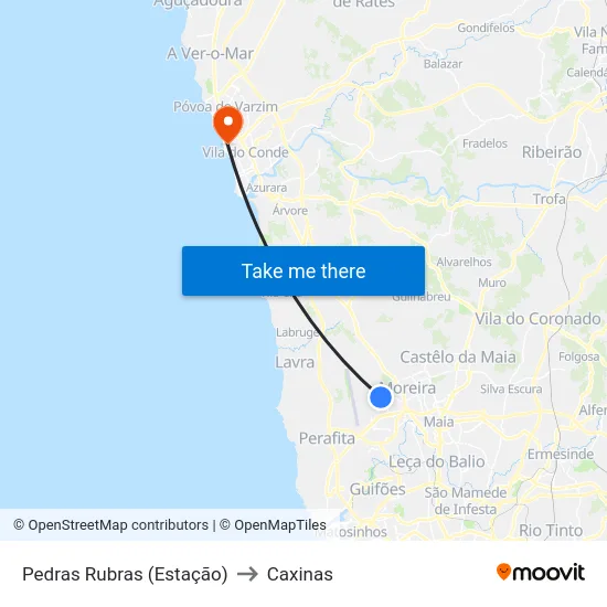 Pedras Rubras (Estação) to Caxinas map