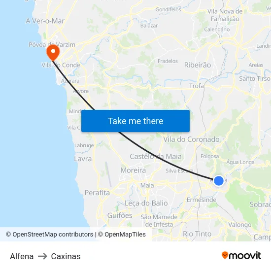 Alfena to Caxinas map