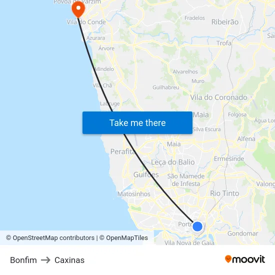 Bonfim to Caxinas map