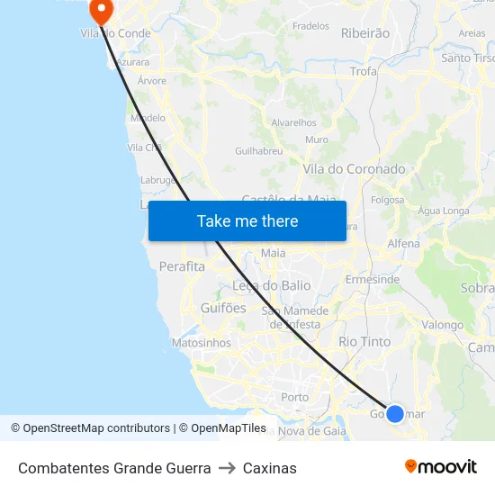 Combatentes Grande Guerra to Caxinas map