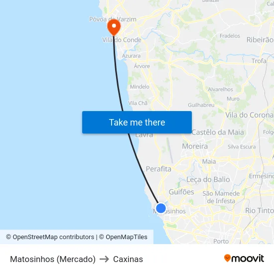 Matosinhos (Mercado) to Caxinas map