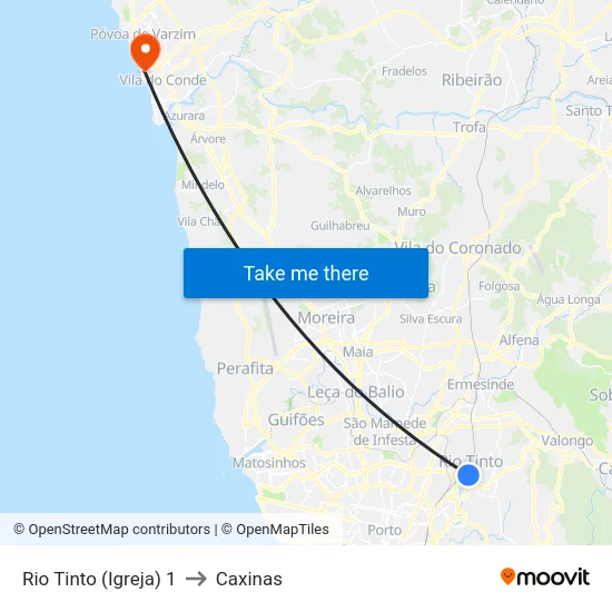 Rio Tinto (Igreja) 1 to Caxinas map