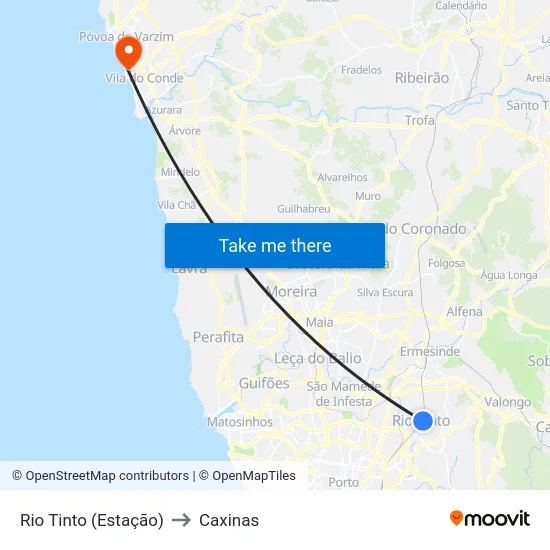 Rio Tinto (Estação) to Caxinas map