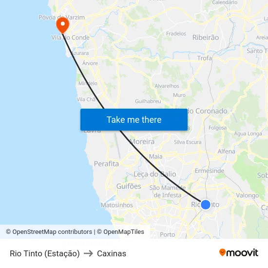 Rio Tinto (Estação) to Caxinas map