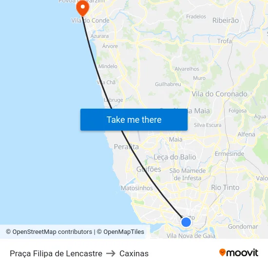 Praça Filipa de Lencastre to Caxinas map
