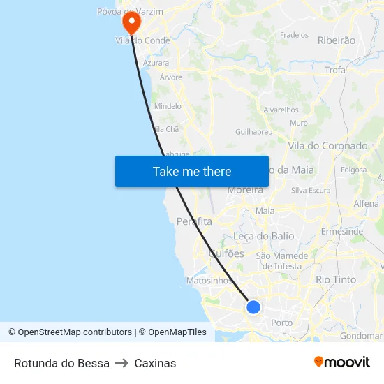 Rotunda do Bessa to Caxinas map