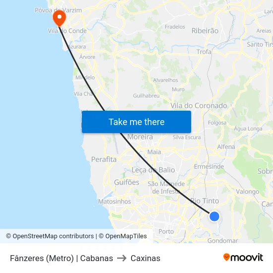 Fânzeres (Metro) | Cabanas to Caxinas map