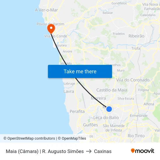 Maia (Câmara) | R. Augusto Simões to Caxinas map