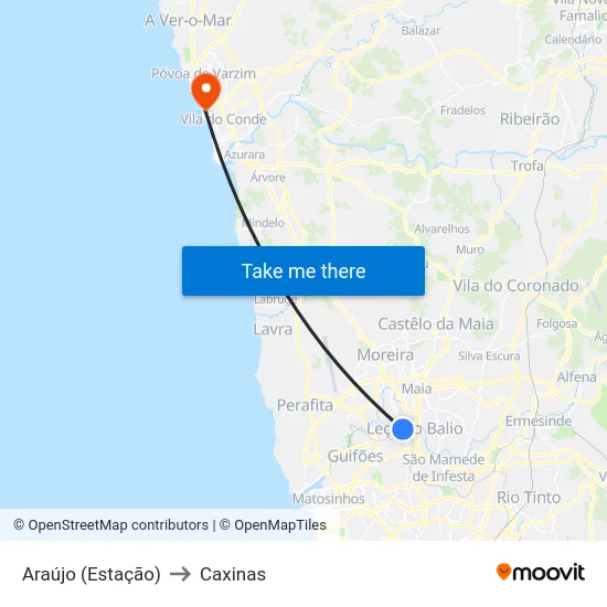 Araújo (Estação) to Caxinas map