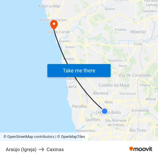 Araújo (Igreja) to Caxinas map