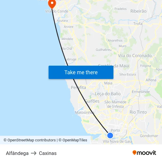 Alfândega to Caxinas map