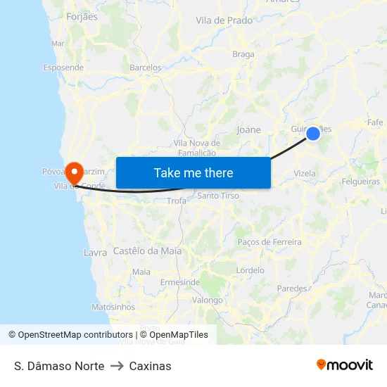 S. Dâmaso Norte to Caxinas map