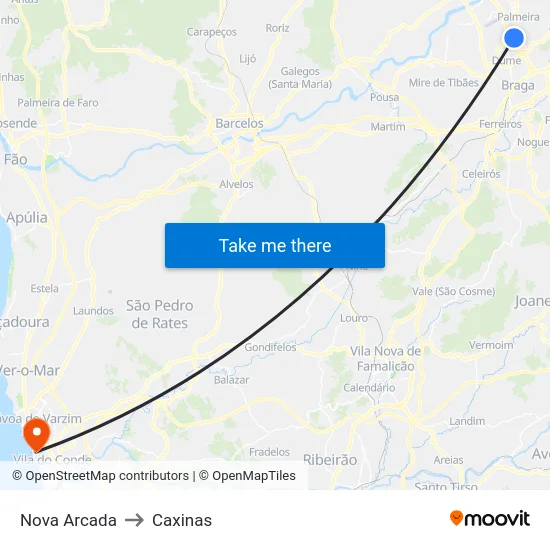 Nova Arcada to Caxinas map