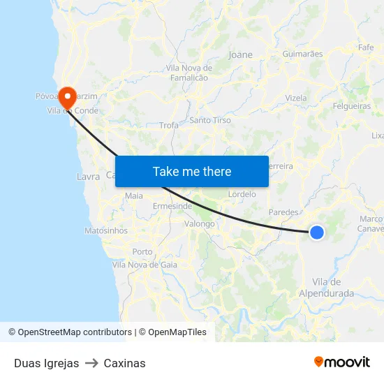 Duas Igrejas to Caxinas map