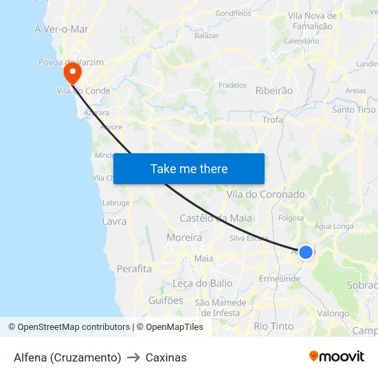 Alfena to Caxinas map