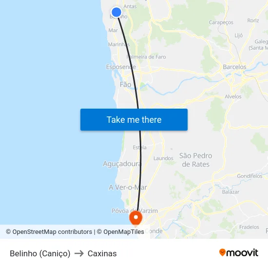Belinho (Caniço) to Caxinas map