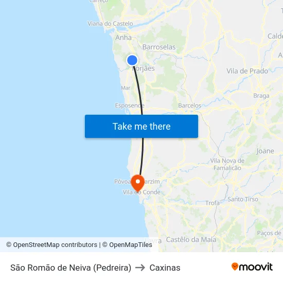 São Romão de Neiva (Pedreira) to Caxinas map
