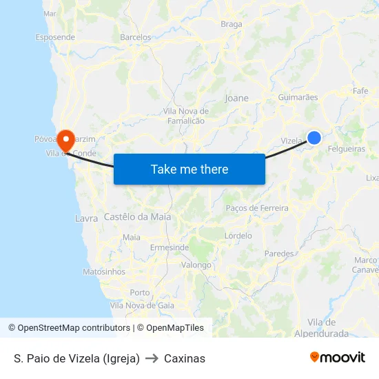 S. Paio de Vizela (Igreja) to Caxinas map