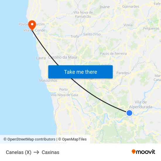 Canelas (X) to Caxinas map