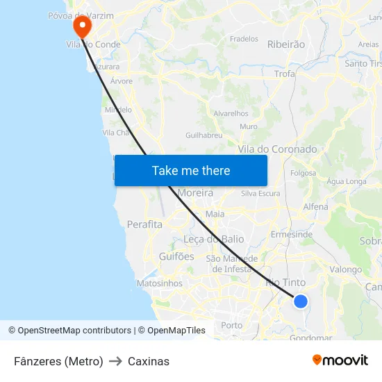 Fânzeres (Metro) to Caxinas map