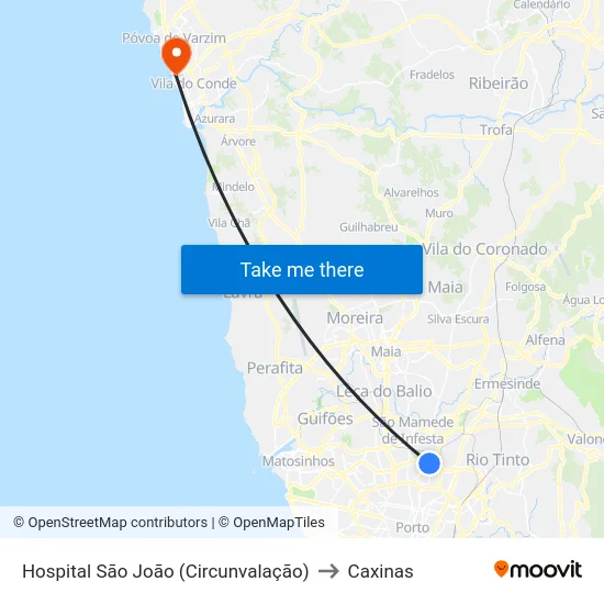 Hospital São João (Circunvalação) to Caxinas map