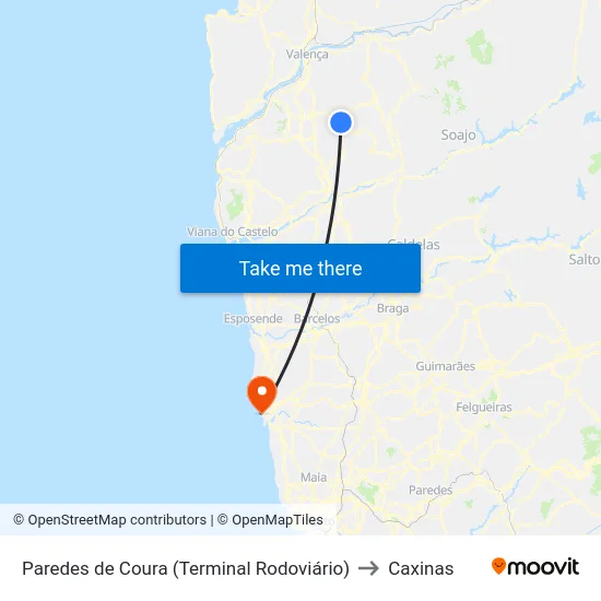 Paredes de Coura (Terminal Rodoviário) to Caxinas map