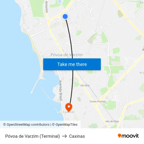 Póvoa de Varzim (Terminal) to Caxinas map