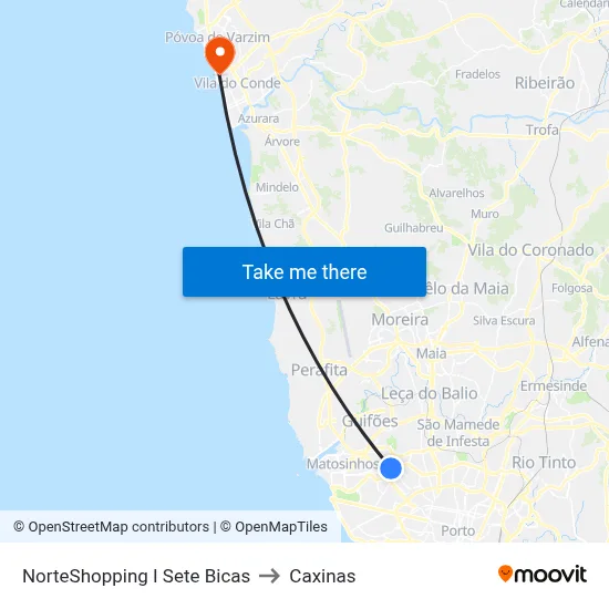 NorteShopping I Sete Bicas to Caxinas map