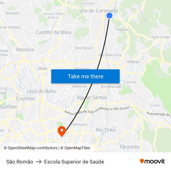 São Romão to Escola Superior de Saúde map