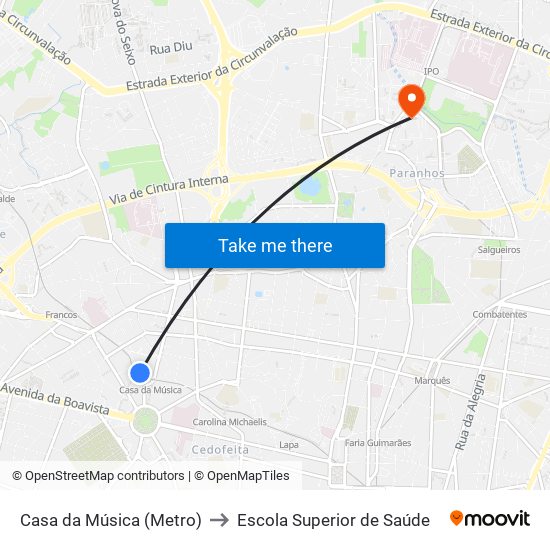 Casa da Música (Metro) to Escola Superior de Saúde map