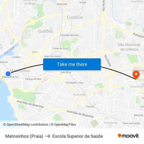 Matosinhos (Praia) to Escola Superior de Saúde map