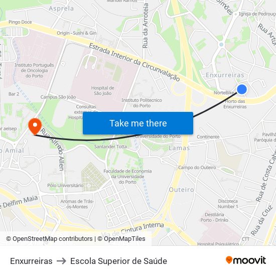 Enxurreiras to Escola Superior de Saúde map