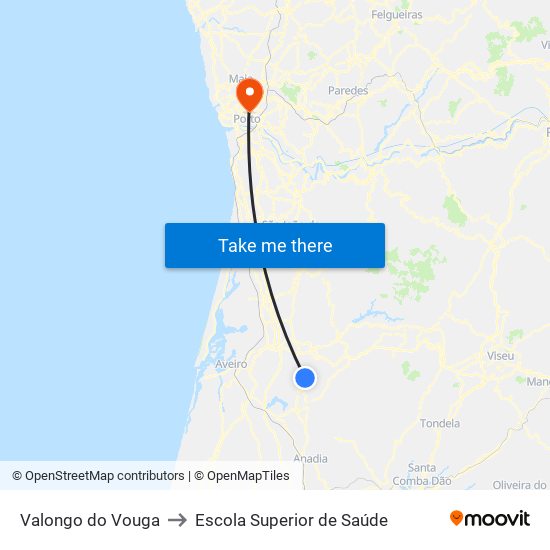 Valongo do Vouga to Escola Superior de Saúde map