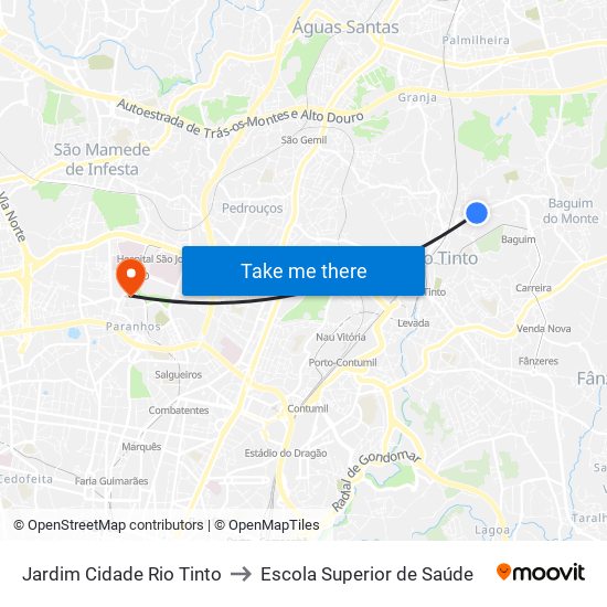 Jardim Cidade Rio Tinto to Escola Superior de Saúde map
