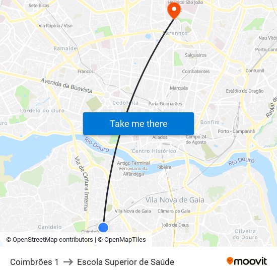 Coimbrões 1 to Escola Superior de Saúde map