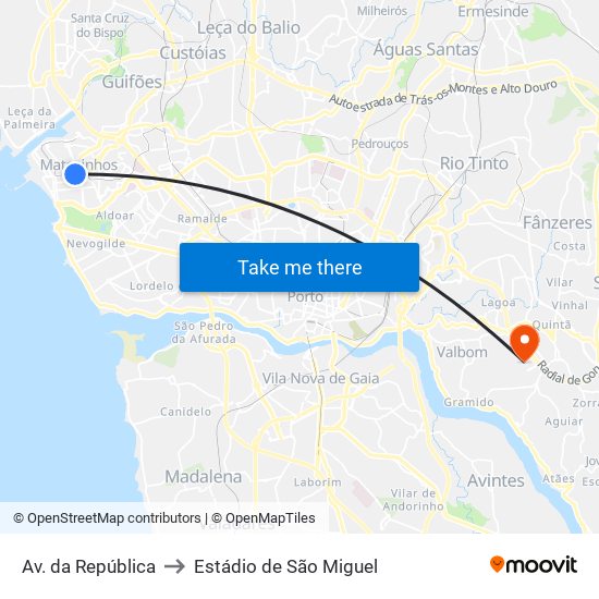Av. da República to Estádio de São Miguel map