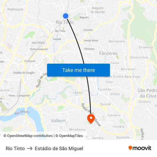 Rio Tinto to Estádio de São Miguel map