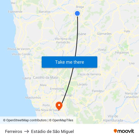 Ferreiros to Estádio de São Miguel map