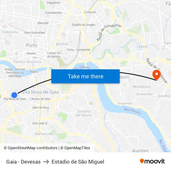 Gaia - Devesas to Estádio de São Miguel map