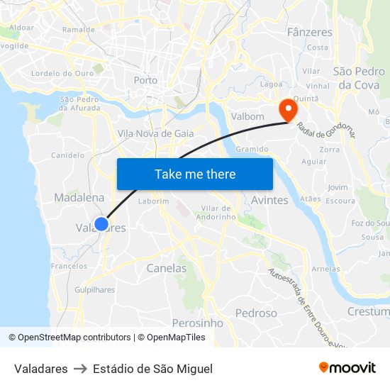 Valadares to Estádio de São Miguel map