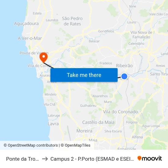 Ponte da Trofa to Campus 2 - P.Porto (ESMAD e ESEIG) map