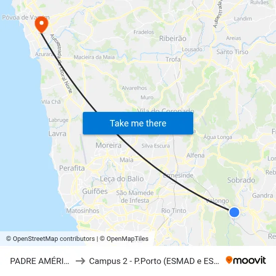 PADRE AMÉRICO to Campus 2 - P.Porto (ESMAD e ESEIG) map